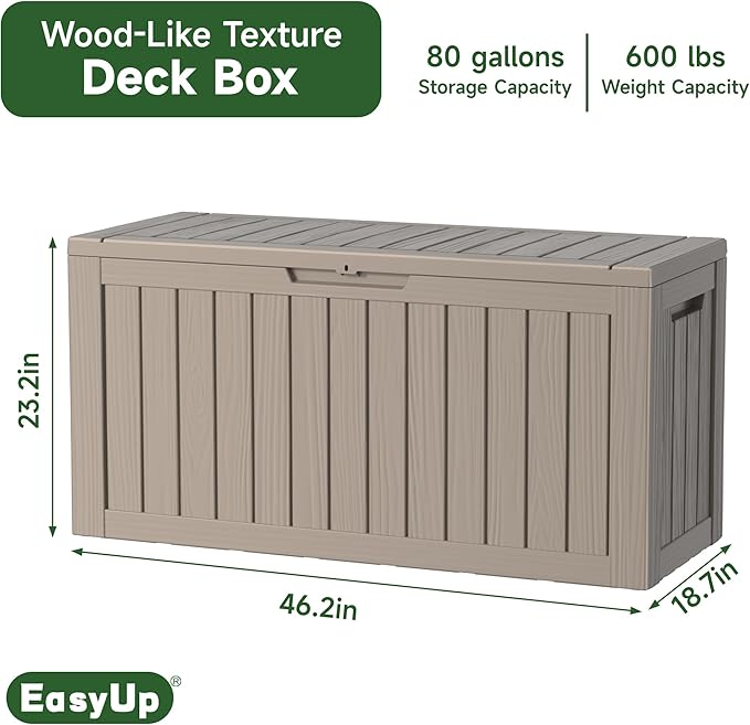 80 Gallon Outdoor Storage Box Waterproof, UV Resistant Resin Deck Box with Hydraulic Rod, Reinforced Stability for Patio, Garden, Striped Gray