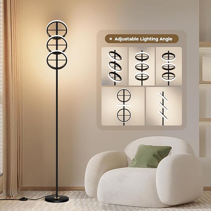 Modern LED Floor Lamp - Adjustable 3 Saturn Rings-Contemporary Tall Standing Lamp for Living Room & Office Bedroom Reading-Black