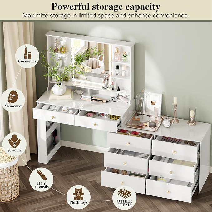 Makeup Vanity Desk with Mirror and Lights, Vanity Desk with 8 Drawers & Storage Shelves, Vanity Table with Power Outlet, 3 Color Modes & Adjustable Brightness Dressing Table, Bedroom,White2