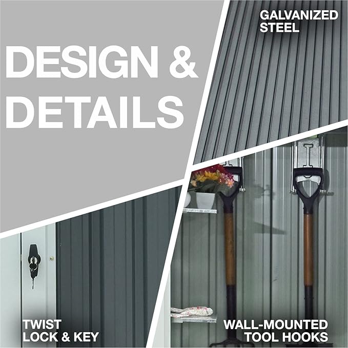 Hanover Galvanized Steel Single Door Patio Storage Shed for Garden Tools with Twist Lock and Key Security, 2 Tool Hooks (3'x3'x6') Dark Gray, White Rust Resistant Outdoor Storage for Yard Supplies