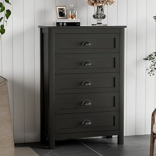 Farmhouse 5 Drawer Dresser for Bedroom, 47" Tall Dresser, Modern Black Chest of Drawers Organizer for Bedroom, Closet, Living Room, Entryway, Hallway