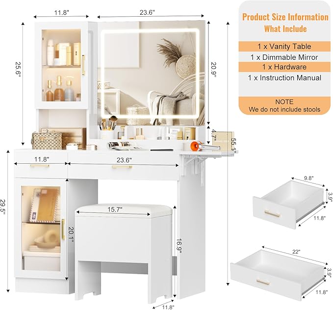 KAMABOKO Modern Vanity Desk with Mirror and Lights, Makeup Table with with 2 Drawers & 2 Display Cabinets & Charging Station, Dressing Set for Bedroom