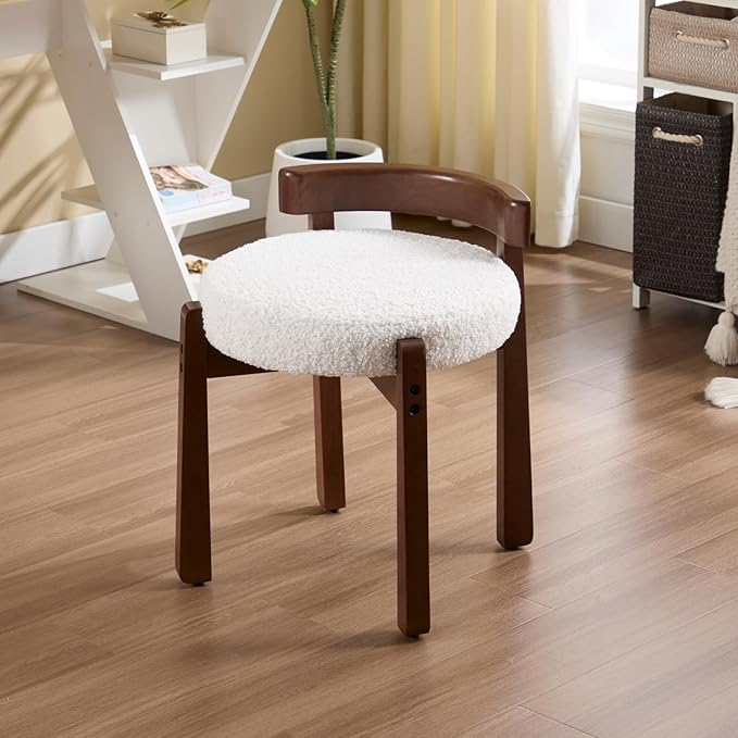 DUOMAY Modern Boucle Vanity Stool, Upholstered Low Back Ottoman with Solid Wood Legs Cute Round Footrest Makeup Stool Dressing Seat for Living Room Bedroom, White