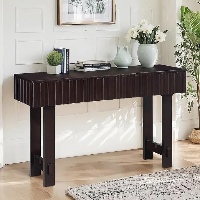 52" Console Table, Solid Wood Fluted Sofa Table Behind The Couch, Mid Century Farmhouse Entryway Table with 3 Drawers for Entrance, Hallway, Living Room, Foyer (Espresso)