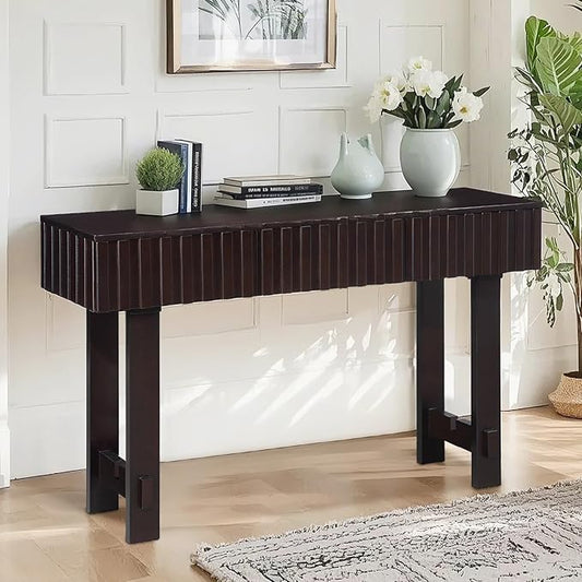 52" Console Table, Solid Wood Fluted Sofa Table Behind The Couch, Mid Century Farmhouse Entryway Table with 3 Drawers for Entrance, Hallway, Living Room, Foyer (Espresso)
