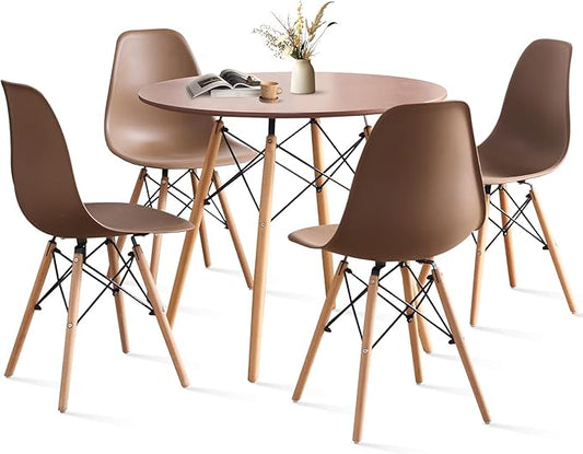 35.5'' 5 Piece Round Dining Table Set for 4, Mid-Century Modern Table with Chairs, Space Saving, Plastic Seats, Wood Legs, Circle Dinner Table for Kitchen, Home, Apartment, Brown
