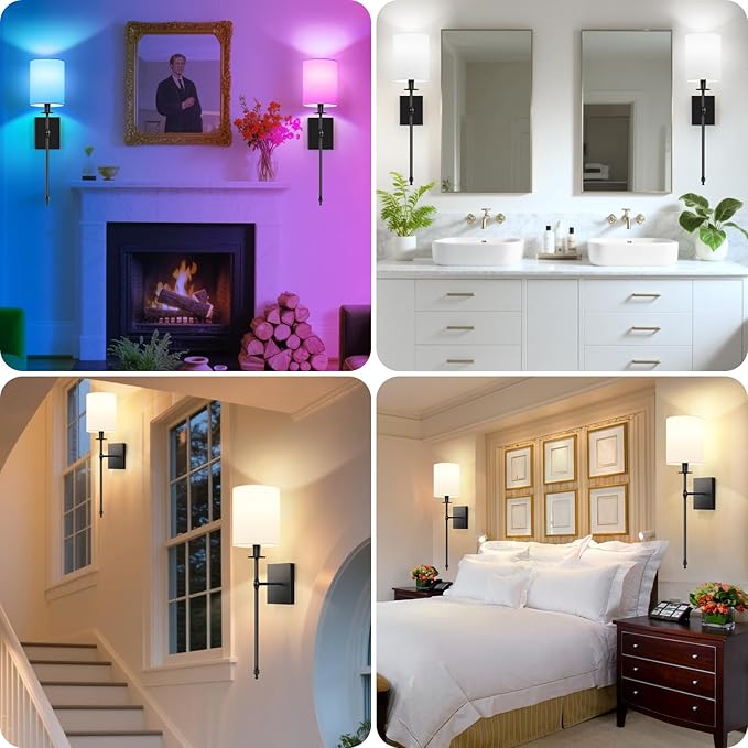 27 Inch Black Battery Operated Wall Sconces Set of 2, Rechargeable Wireless Wall Lights with Remote & White Fabric Shade, Indoor Not Hardwired Dimmable Wall Lamps for Hallway, 2 Bulbs Included