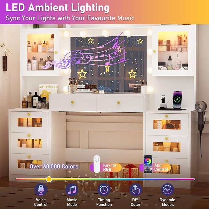 62" Large Makeup Vanity Desk with Mirror and Lights, Glass Top Vanity Table with Power Outlet & Lighted Glass Cabinet, 8 Drawers, Dressing Table with 3 Colors Lights for Bedroom Dressing Room, White