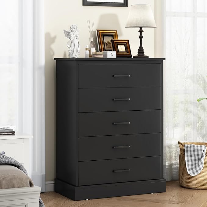 EPHEX Black Tall Dresser with 5 Drawers for Bedroom, Tall Dresser for Closet, Storage Tower Clothes Organizer, Modern Chest of Drawers with Sturdy Pedestal, 27.6'' W x 15.8'' D x 40.2'' H