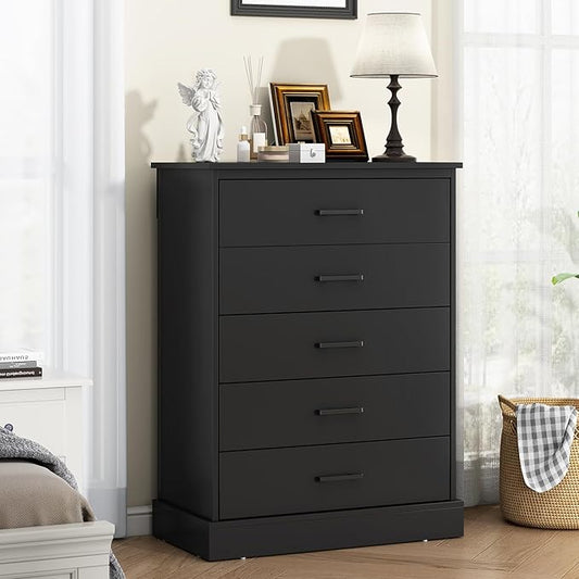 EPHEX Black Tall Dresser with 5 Drawers for Bedroom, Tall Dresser for Closet, Storage Tower Clothes Organizer, Modern Chest of Drawers with Sturdy Pedestal, 27.6'' W x 15.8'' D x 40.2'' H