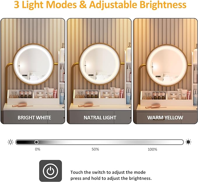 Makeup Vanity with Round Mirror and Lights, White Vanity Makeup Table with Charging Station, Small Vanity Table for Bedroom, 3 Lighting Modes, 31.5in(L)