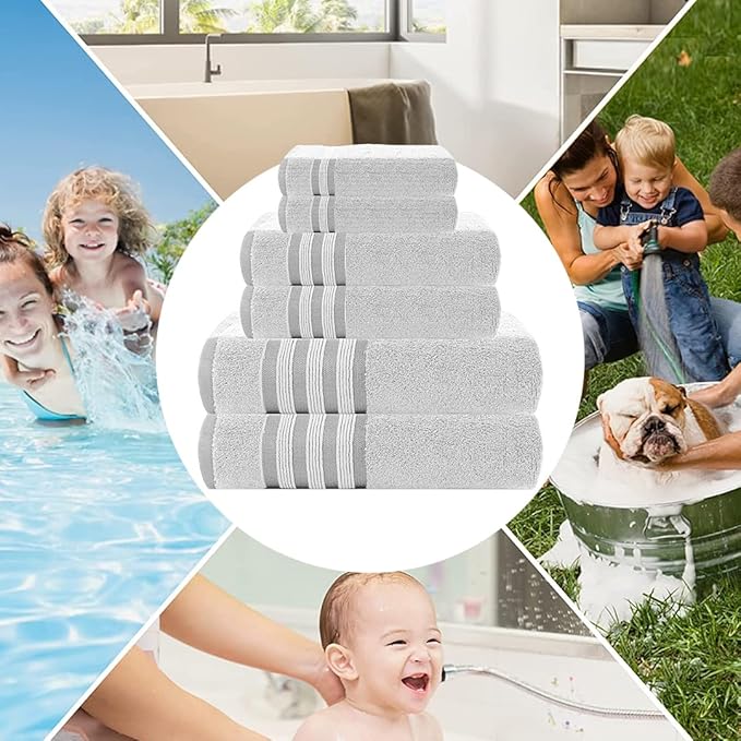 CASA COPENHAGEN Zero Twist, 6 Pieces Set 100% Cotton 0" Twist Towel Set- White, 600 GSM, 2 Bath, 2 Hand, 2 Washcloths Made from Egyptian Cotton, Ultra Soft Luxury Towels for Bathroom.