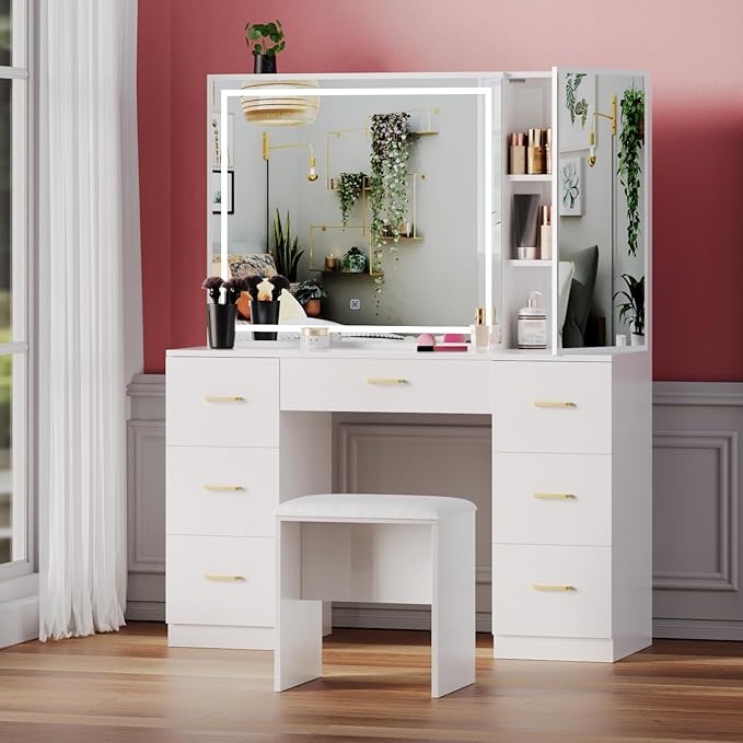 Vanity Desk with Mirror and Lights, Makeup Vanity Desk with 7 Drawers & Cushioned Stool, Hidden Cabinet, Brightness Adjustable, Vanity Table for Bedroom, Dressing Room, Women, Girl (White)