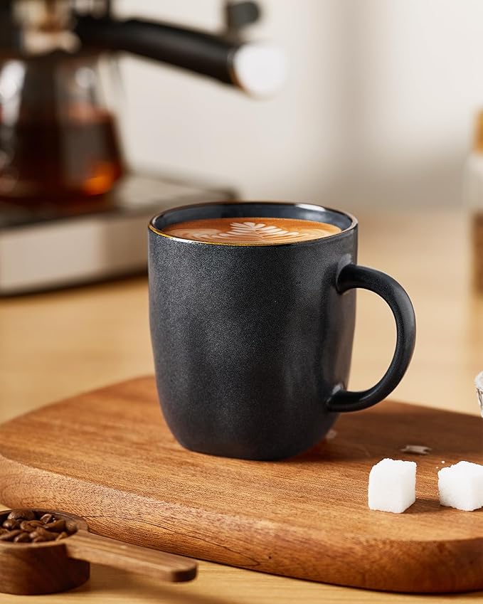 famiware Coffee Mugs Set of 4, Ocean Square 13oz Coffee Cup Set with Handle for Cocoa, Milk, Hot Chocolate, Tea, Water, Stoneware Cups for Kitchen, Microwave and Dishwasher Safe, Matte Black