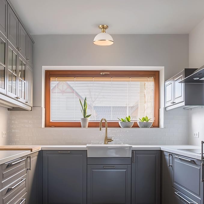 GLOBE Electric 66000037 1-Light Semi-Flush Mount Ceiling Light, Matte White, Brass Accents, Bedroom Lighting Fixtures Ceiling, Dining Room Fixture, Timeless Lighting for Hallway or Dining Room