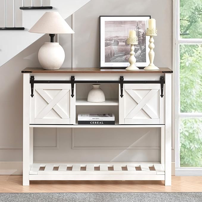White Farmhouse Console Table for Entryway, Sofa Table with Storage Shelf, Hallway Tables with Sliding Barn Doors, Entry Tables for Foyer, Living Room