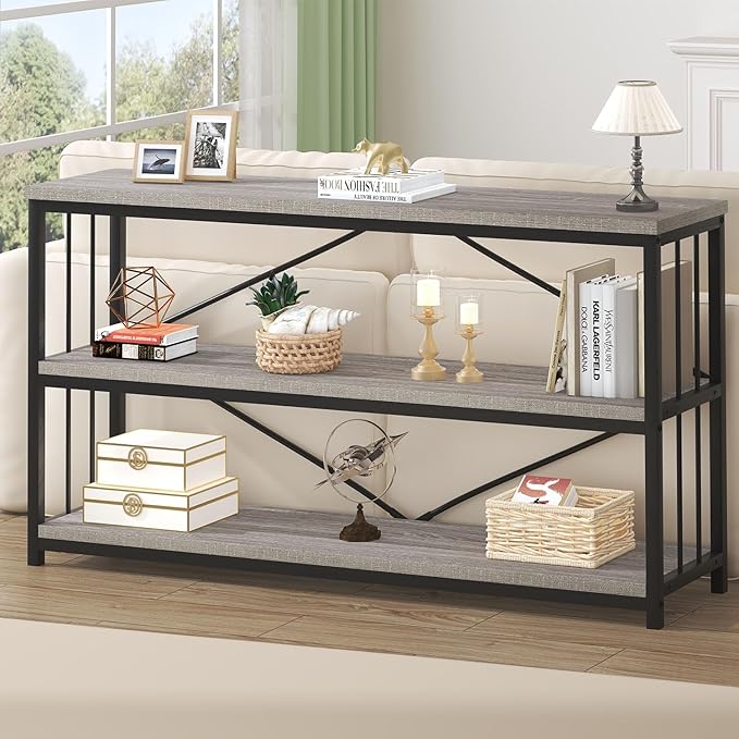 HSH Long Bookshelf, Large Wood Wide Grey Horizontal Book Shelf Under Window, Modern Open Etagere Bookcase for Bedroom Living Room, Industrial Wooden Metal Display Bookshelves for Home Office, 63 Inch