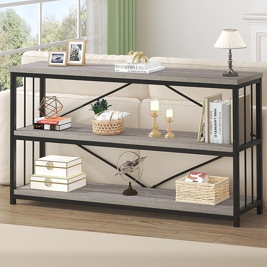 HSH Long Bookshelf, Large Wood Wide Grey Horizontal Book Shelf Under Window, Modern Open Etagere Bookcase for Bedroom Living Room, Industrial Wooden Metal Display Bookshelves for Home Office, 63 Inch