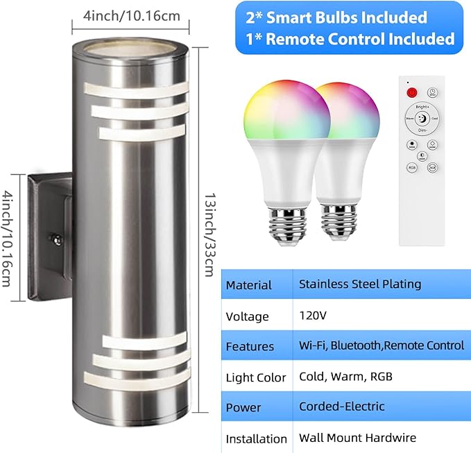SHIMR Smart Outdoor Wall Lights RGBCW, Modern Color Changing Outdoor Sconce Cylinder Stainless Steel Exterior Light Fixture with Remote, Up and Down Outside Lights for House Home Theater Lighting