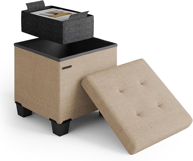 STORAGEBUD Storage Ottoman Cube with Small Bin, 16-in Square Ottoman with Storage for Living Room and Bedroom, Small Ottomans Foot Rest, Fabric Foot Stools Ottomans Max 330lbs, Taupe