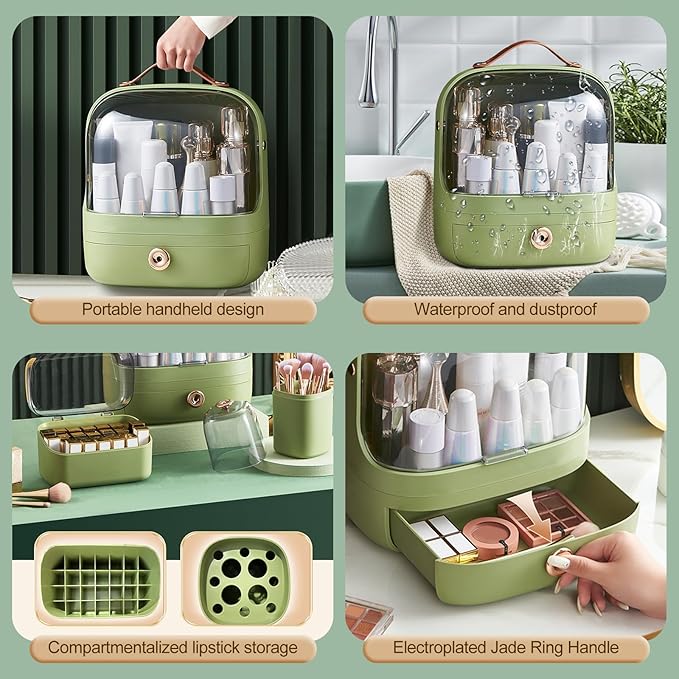 Ergocar Make Up Case Dustproof Cosmetics Skin Care Products Cosmetic Storage Box, Multi-Function Jewelry Organizer Case - Green + Brush Holder
