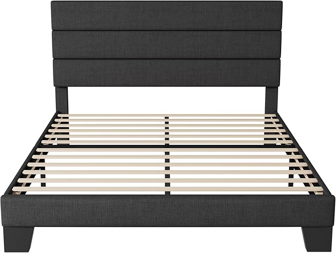 Allewie Queen Size Platform Bed Frame with Fabric Upholstered Headboard and Wooden Slats Support, Fully Upholstered Mattress Foundation/No Box Spring Needed/Easy Assembly, Dark Grey