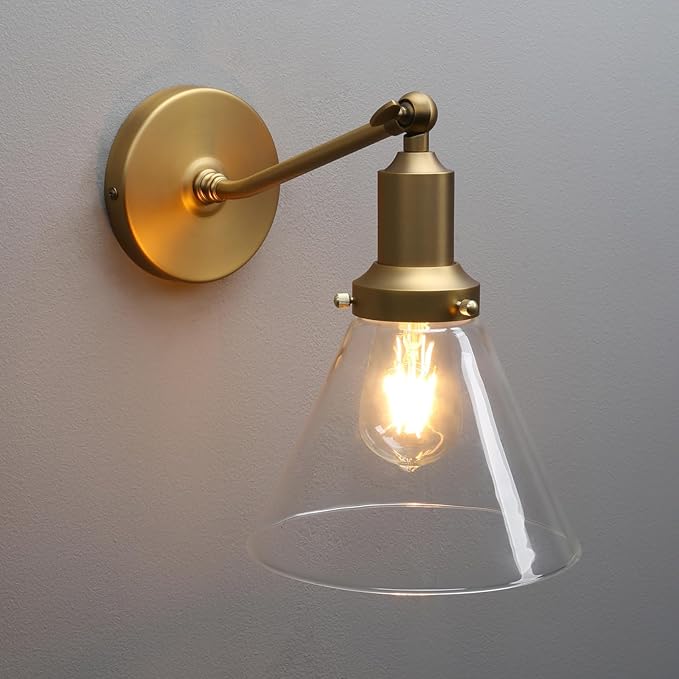 PERMO Industrial Vintage Slope Pole Wall Mount Single Sconce with Funnel Flared Clear Glass Shade Wall Sconce Light Lamp Fixture Hardwired (Antique Gold)