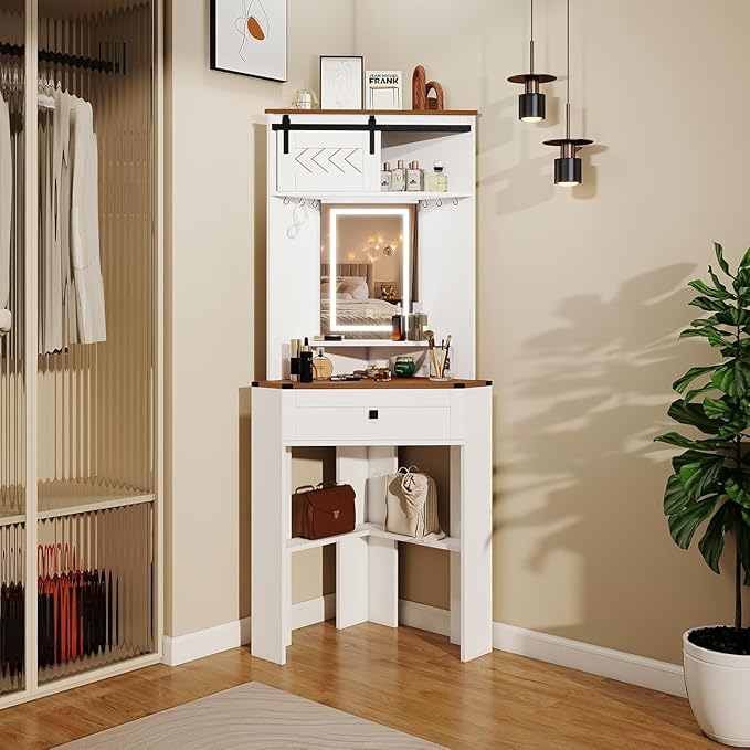 ARTETHYS Small Vanity Desk Set with Lights and Mirror Makeup Vanities with Drawers for Corner Space White Farmhouse Make up Dressing Table with Storage Stool for Bedroom