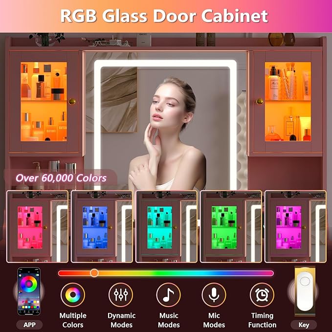 Vanity Desk with Mirror and Lights, Makeup Vanity Table with Power Outlet, Dressing Vanity Table Set with 6 Drawers & 4 Cabinets, 3 Color Modes & Brightness Adjusted, for Bedroom Room, Pink