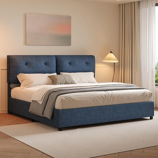 King Bed Frames,Breathable Boucle Fabric Upholstered Bed Frame with Headboard,Removable and Washable,Wood Slat Support,No Box Spring Needed,Easy Assembly,Navy Blue