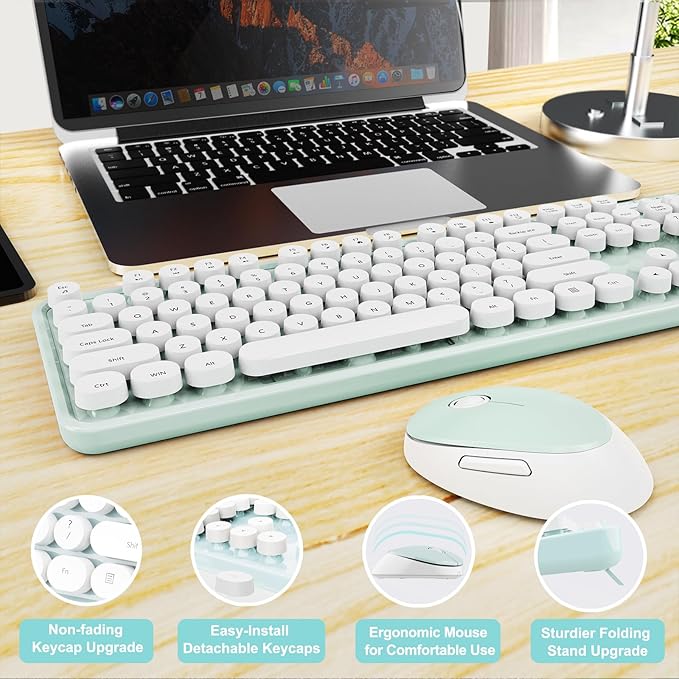 Wireless Keyboard and Mouse Combo, Ergonomic Full Size Typewriter Retro Round Keycaps Keyboard, Compatible with Windows, PC, Perfer for Home and Office Keyboards（Green）