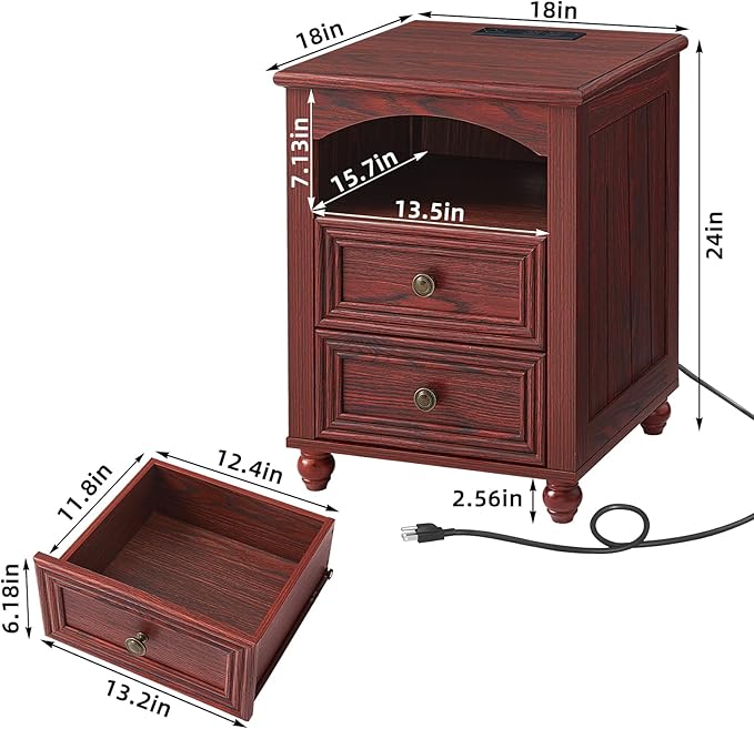 18" Farmhouse Night Stand Set 2 with Charger Station, RedOak 2 & 3 Drawers Wood Nightstand, Bedside End Table with Storage and Roman Column, Bed Side Tables Cabinet for Bedroom Living Room and Closet