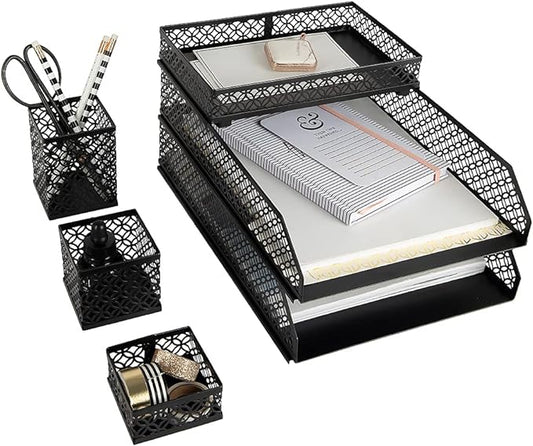 BLU MONACO Black Desk Organizer Set for Women – 6-Piece Interlocking Office Supplies Set, Pen Cup, 3 Accessory Trays & 2 Letter Trays, Black Stackable Paper Tray Holder