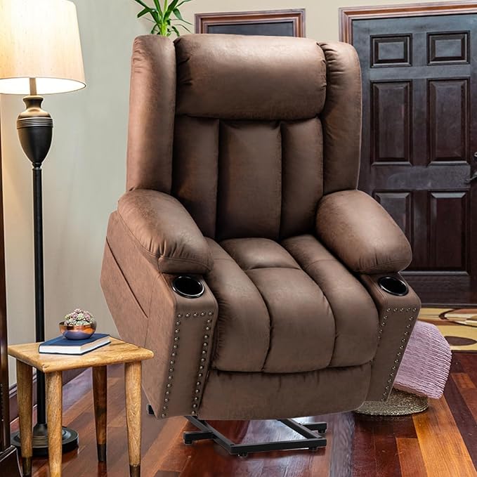 Large Power Lift Chair Recliner for Elderly with Heated and Massage, Overstuffed Adjustable Lift Chair, 3 Position, Breathable Leather, USB-A&USB-C, Cup Holder (Small-7523, Chocolate)
