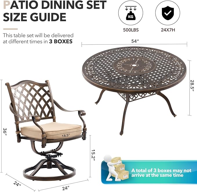 5 Piece Outdoor Dining Set Cast Aluminum, Retro Patio Dining Furniture Set for 4 Includes 54’’ Round Table 4 Chairs with Thicker Cushion and Umbrella Hole for Patio Deck Garden