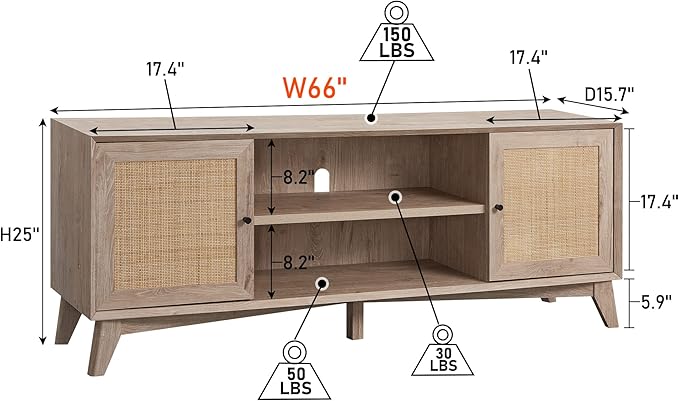 OKD TV Stand for 75+ Inch TV, Mid Century Modern Entertainment Center with Natural Rattan Door, Storage Shelves, Large Boho Media TV Console, Long Television Stand for Living Room, Oak