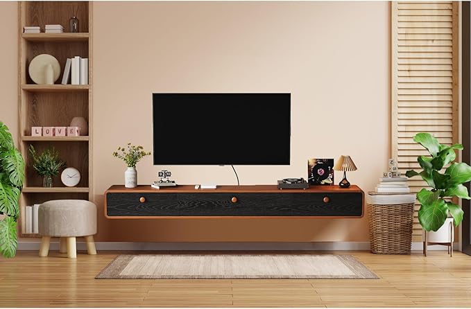 Minimalist 70'' Floating TV Stand with 3 Doors,Solid Wood Wall Mounted TV Console,Floating Entertainment Center with Hidden Storage,Curved Round Edges,Natural Wood Finish(Walnut)