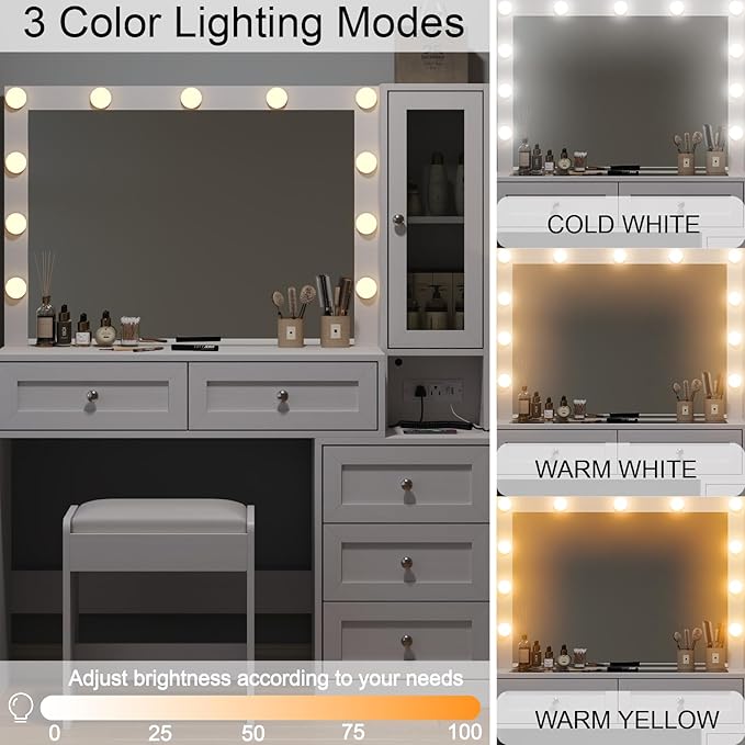 43" W Vanity Desk with Mirror & 11 Lights, 5 Drawer Modern Makeup Desk with Glass top & Cushioned Stool, 3 Lighting Modes Brightness Adjustable,Power Outlet,Bedroom，White