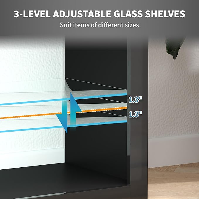 HOMCOM Modern TV Stand with LED Lights and Power Outlets for 55 Inch TV, 51" High Gloss Entertainment Center with Adjustable Glass Shelves, TV Console for Bedroom, Living Room, Black