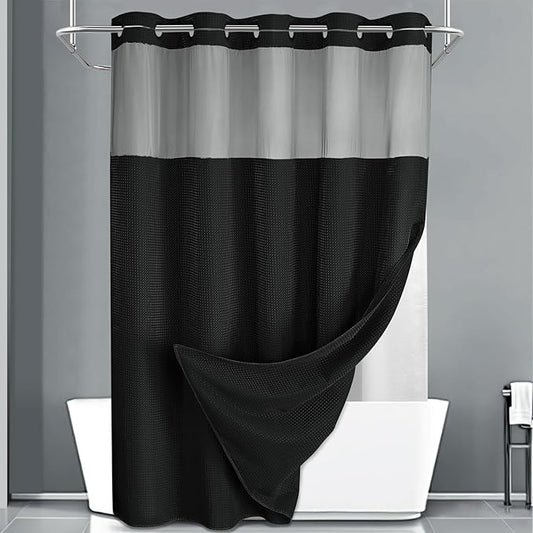 YellyHommy No Hook Shower Curtain with Snap in Liner Set Less Time Black Waffle Shower Curtain for Bathroom 78" L x 72" W