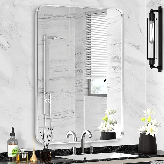 Wall Mount Mirror for Bathroom, Brushed Silver Metal Framed Rounded Corner Square Rectangular Vanity Mirror (24" x 30", Silver)