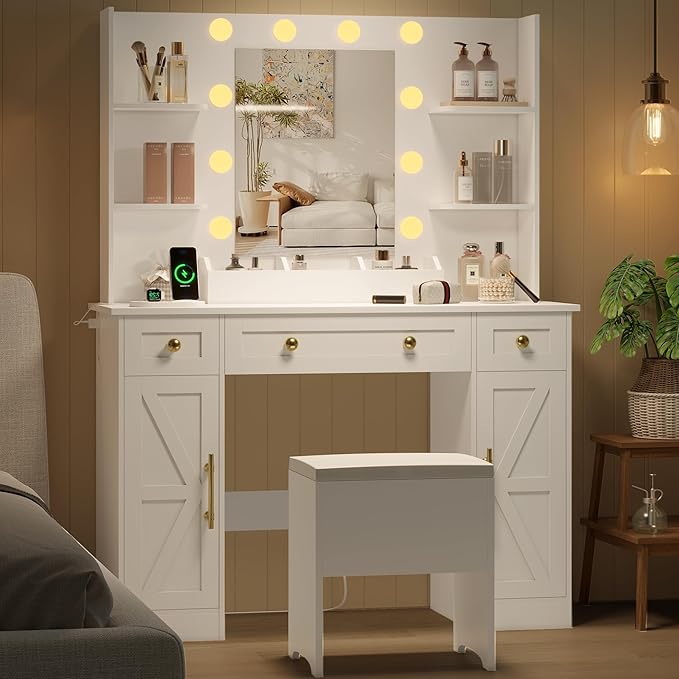 Vanity Makeup Desk with Mirror and Lights, Farmhouse Vanity Table Set with Storage Drawers, Charging Station & Chair, 43" Large Rustic Dressing Table, 3 Lighting Modes for Women Girls Bedroom, White