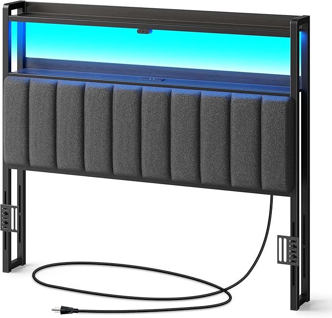 Rolanstar Headboard for Full Size Bed with Storage, 60,000 DIY Color of LED Light, Head Board with USB & Type C Port, Height Adjustable, Black Upholstered Cabeceras de Cama Comfortable Modern, Stable