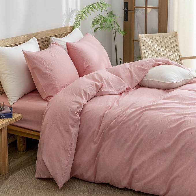 BESTOUCH Duvet Cover Set 100% Washed Cotton Linen Feel Super Soft Comfortable Chic Lightweight 3 PCs Home Bedding Set Solid Red Pink King