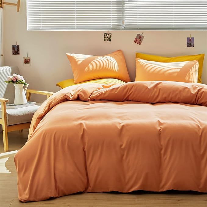 Luxlovery Peach Comforter Set Twin Girls Teens Peach Pink Bedding Comforter Set Solid Soft Orange Pink Breathable Blanket Quilts 3 Piece Bedding Set for Twin Bed Kids