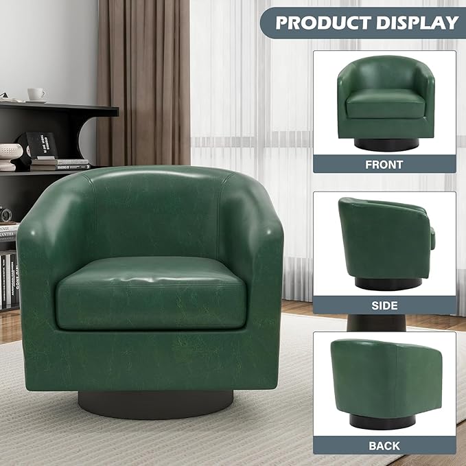 UIXE Faux Leather Swivel Accent Chairs, Modern Upholstered Barrel Club Chair for Living Room, Round Armchair Single Sofa Bedroom Side Reading Seat - Green, Set of 2