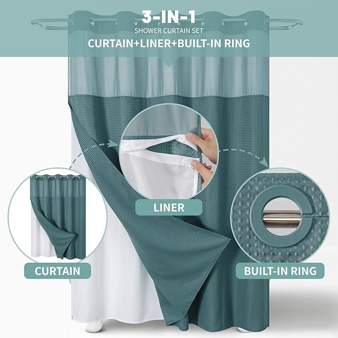 SeawedGreen Extra Long No Hook Waffle Weave Shower Curtain with snap-in Liner Replacement, 230GSM Waterproof Fabric Hotel Shower Curtain Set for Bathroom, Through Mesh Top Window,71Wx86H