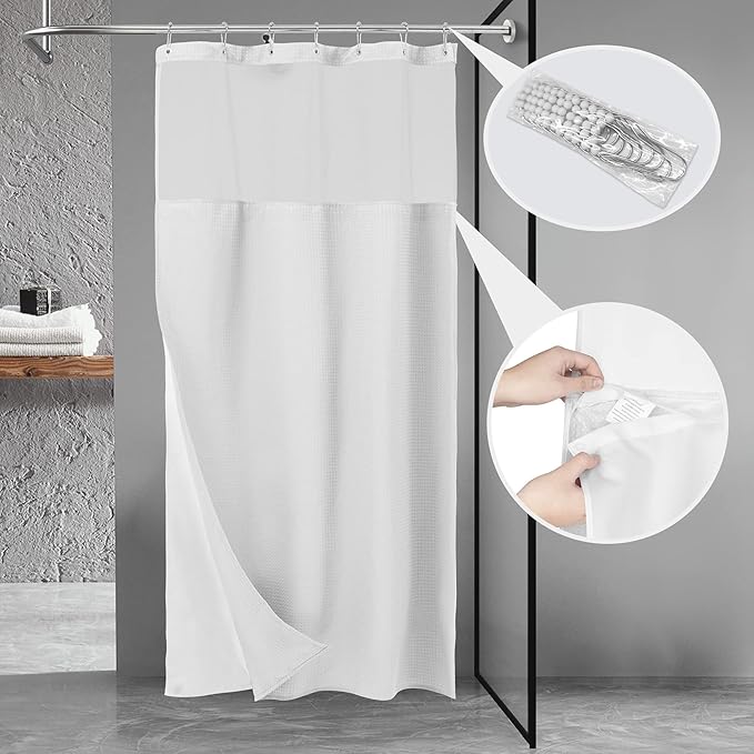 N&Y HOME Stall Waffle Weave Shower Curtain with Snap-in Fabric Liner & Hooks Set - 36" x 72" Small Shower Stall Size, Hotel Style & Mesh Top Window, Machine Washable - 36x72, White