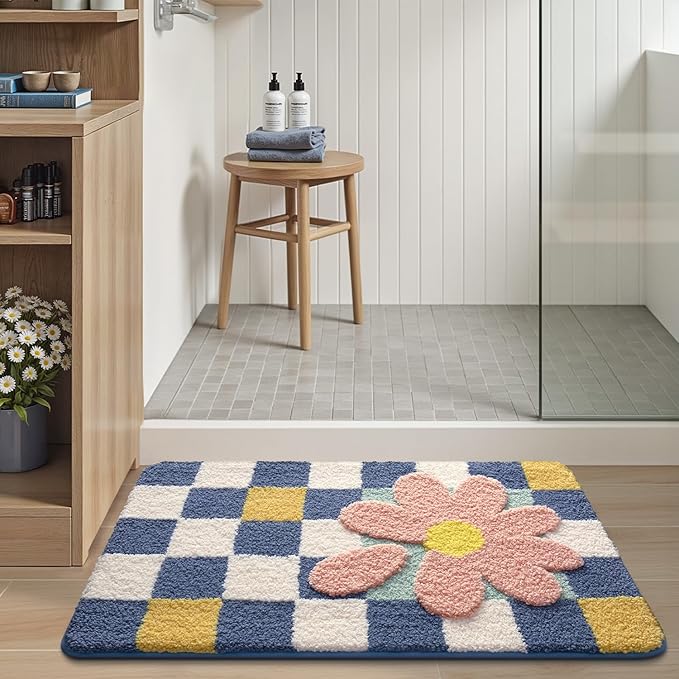 LUMI Bathroom Rug 16x24, Soft Absorbent Microfiber Bath Mats, Machine Washable Bath Rugs with Non-Slip Backing, Checkered Design Floor Mat for Bathroom, Shower and Bathtub Floor, Grid Flower
