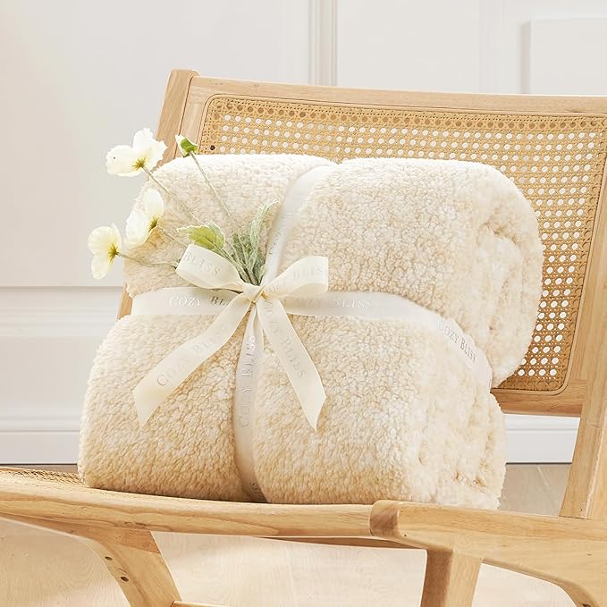 Cozy Bliss Ultra Soft Reversible Double Sherpa Sided Blanket, Fluffy Thick Warm Plush Fuzzy Blanket for Couch, Bed and Gifts (Mottled Beige, 50" x 60")